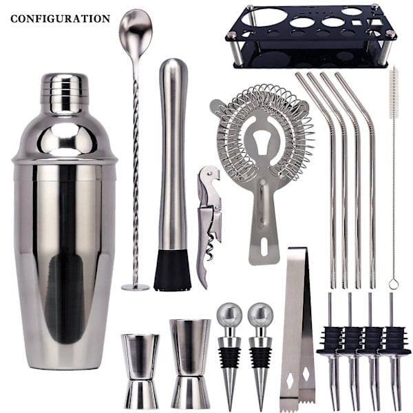 Cocktail Shaker Set med Akrylställ, 20-delad Set, Presenter till Män Pappa Farfar, Rostfritt Stål Barten