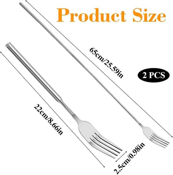 2 Pcs Telescopic Forks, Extendable Retractable Stainless Steel Forks for Dinner, Fruit, Dessert, and BBQ, 22 to 65 cm