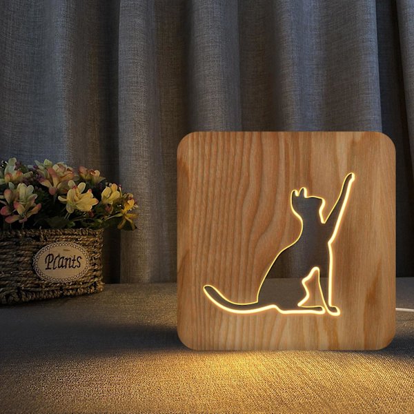 3D Trädjur Katt USB Nattlampa LED Skrivbordslampa Nyhet Barn Sovrum Dekoration
