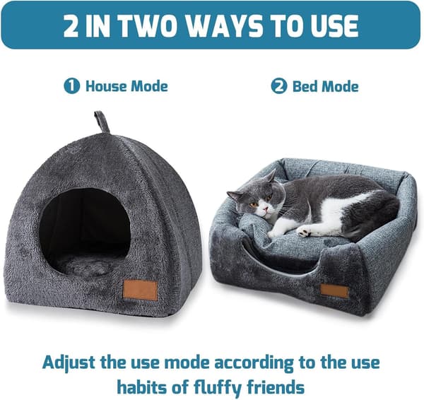 Cat Cave Bed for Cats and Small Dogs - Tent Igloo with Removable Washable Mat
