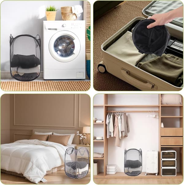 Foldable Laundry Basket Collapsible Pop-Up Hamper Portable Durable For Bathroom Camping Dorm Travel Storage Black 36x36x58 cm 3-pack