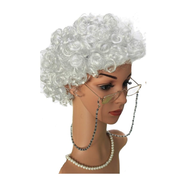 Old Lady Cosplay set - Isoäidin peruukki, cap, Granny-lasit, silmälasiketjut, johdot hihna, helmihelmet