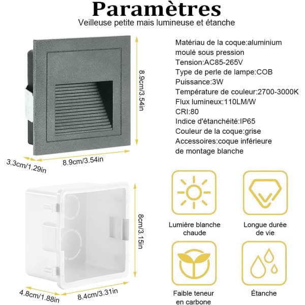 4 stycken 3W LED Inbyggda Vägglampor, Kalla Vita IP65 Vattentäta Trappbelysning, Stegljus, Aluminium, Dekoration Inomhus Utomhus Belysning