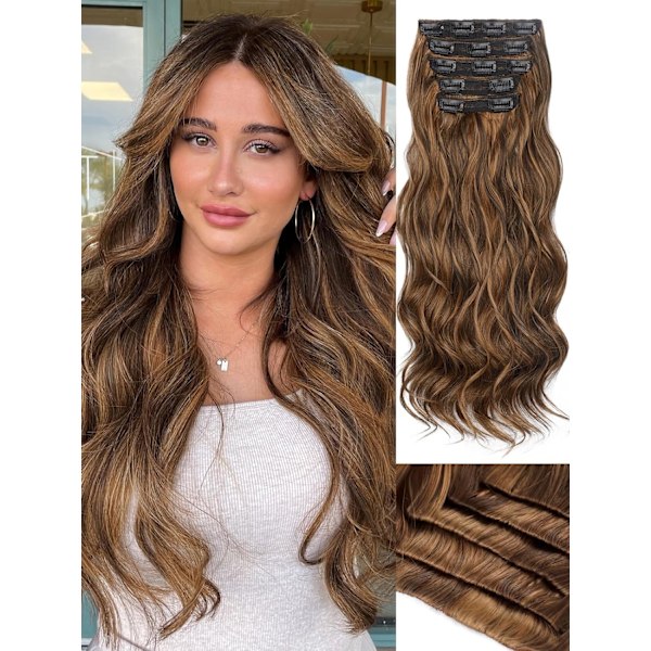 Hår Extensions 20 Tommer Syntetisk 5 STK Clip in Hår Extensions for kvinner Mørk Brent Kaffe&Karamell Brun Langt Bølgete Hår