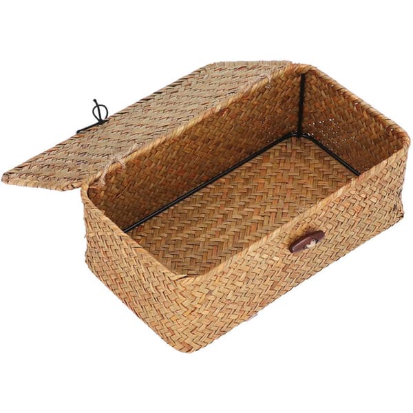 Rectangular Woven Seagrass Storage Baskets with Lid, Hand-Woven for Shelves, Office, Home (Natural, Size S)