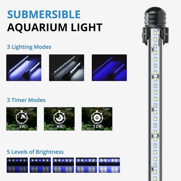 LED-akvariebelysning med timerfunktion, nedsänkbar vit och blå belysning, justerbar belysning för fiskdamm, 4W, 230 lm