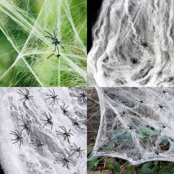 BWhite Stretch Spider Web 100 simuloidulla muovihämähäkillä seinäkoristeluunB