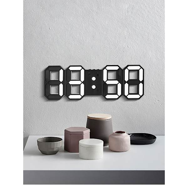 3D LED-klokke, Multifunksjons LED-klokke (kalender, alarm, temperatur) (12 tommer hvit veggklokke med fjernkontroll)