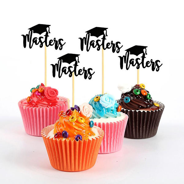 24 stk. Master- og doktorgradshatt-formede kaketopper i papir, kakepinner, cupcake-dekorasjon, festutstyr for Gra Black 24pcs