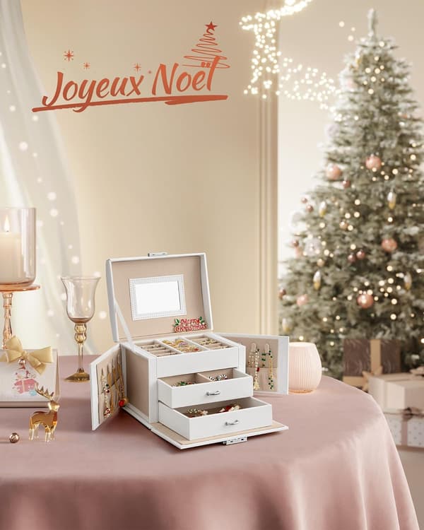 Tiered Jewelry Box, Accessory Case, Christmas Gift, with Handle, Cloud White Surface, Sand Beige Lining