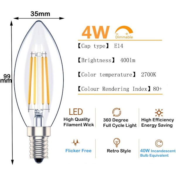 E14 Dimbar LED Ljusstake, SES Filament Liten Edison Skruv Lampa, 4W 40W Ekvivalent, Varmvit 2700K, 400lm, 6-pack