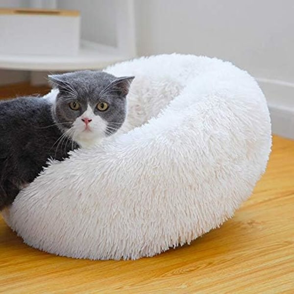 Kattbädd rund hundsäng husdjursbo oval kattbädd donutbobädd vit diameter 70 cm