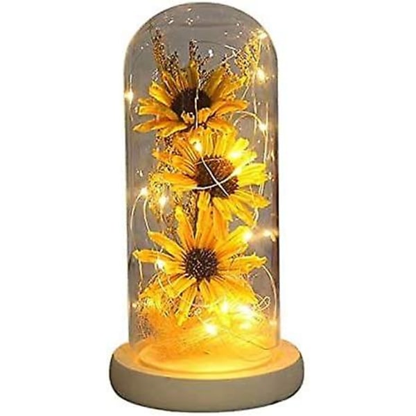 Keinotekoinen auringonkukka lasikupolissa Led-valonauhalla, Lumottu kukka Led-valonauhalla Lahja naisille ystävänpäivän vuosipäivänä Mothe