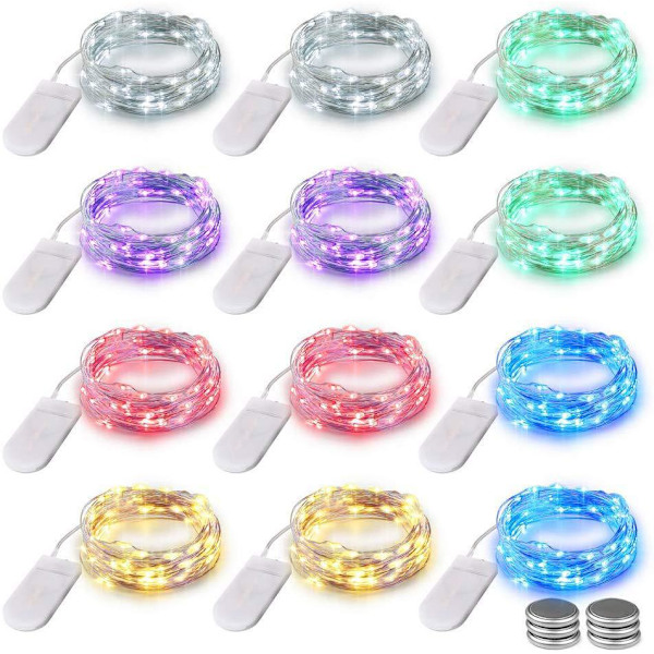 12-pack Fairy String Lights (Batterier Ingår) 10 fot 30 LED-lampor Tråd Batteridriven Fairy Rope Light (7 Färger)