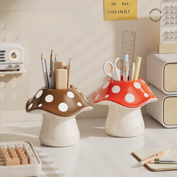 Cute Mushroom Storage Box with Dotted Lid, Multifunctional Desktop Organizer for Pens, Makeup Brushes, and Accessories