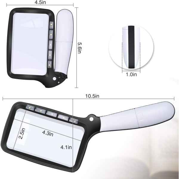 Rektangulær læseforstørrelsesglas med 5 LED-lys, 2x forstørrelse, velegnet til ældre eller synshæmmede, til at tjekke læsning