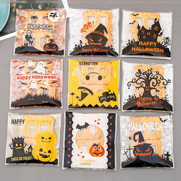 100 kpl Halloween-makeiskassi, itseliimautuvat, piirretty kurpitsa, noita, haamu, läpinäkyvä välipalavälipussit, kurpitsa, viisi tähteä