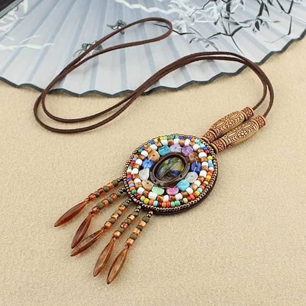 2 kpl pitkää boho-kaulakorua naisille, vintage-puinen helmikaulakoru käsintehty pitkä paksu kaulakoru tarvikkeet