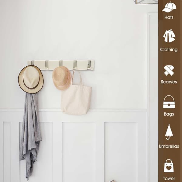 Wall-mounted coat rack with 5 retractable hooks, modern floating coat rack with screws, wall hook for bathroom, bedroom, kitchen, hallway, cream white