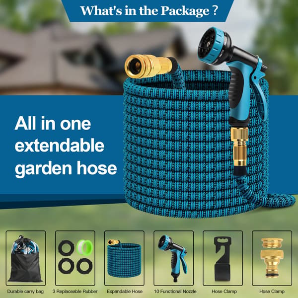 Expandable, Flexible Garden Hose with 10-Function Nozzle, Retractable Car Wash Hose with Solid Brass Fitting, 30 Meters