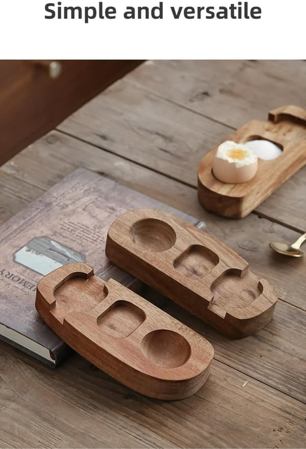 Egg Tray in Acacia Wood Egg Cup Holder Egg Shell Cup Egg Rack for Boiled Eggs Breakfast Serving (with spoon)(Ho)