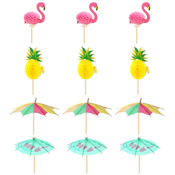 12 st Flamingo Ananas Cupcake Toppers Cocktail Picks Dryck Paraplyer Hawaii Luau Cupcake Toppers1 15x4cm