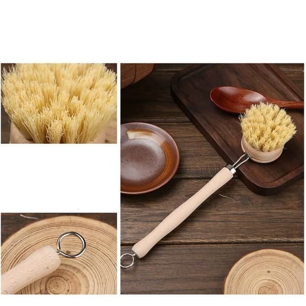 Kitchen Dish Brush, Long Handle Dish Brush, Wooden Cleaning Brushes with 3 Replaceable Heads - 1 Set