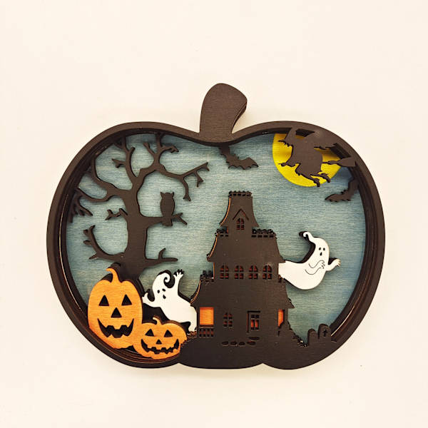 Halloween-lykt i tre med lys for bord, lysende gresskarlampe, lykt, skyggeboks, Halloween-borddekorasjon, pynt