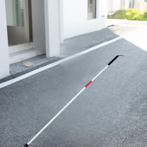 Vit hopfällbar blindkäpp, käpp med rött reflexband, gummihandtag och handledsrem, 124 cm lång