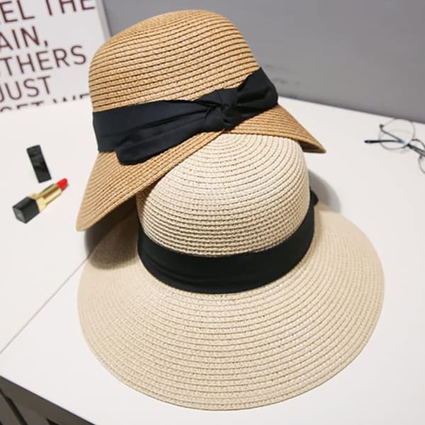 Sommarstrandhatt, vikbar/packbar stråhatt med bred brätte och rosett för kvinnor och flickor, beige, medium Beige Medium