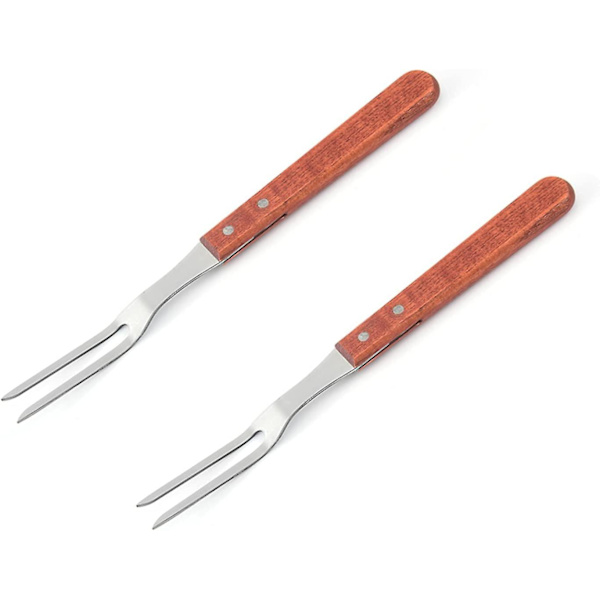 2 stk. Carving Fork Rustfrit Stål Kødfork Madlavningsgaffel Med Træhåndtag Stegepinde 33*3 Til Kød Og Fjerkræ Pølsegaffel - Sølv
