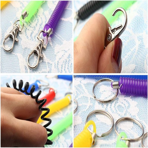 Spiralnyckelring, 7-pack Färgglada Plast Utbyggbara Nyckelringar, Inrullningsbart Fiske Rep, Spiralband för Nyckel, Ficklampa, Tång, Skola