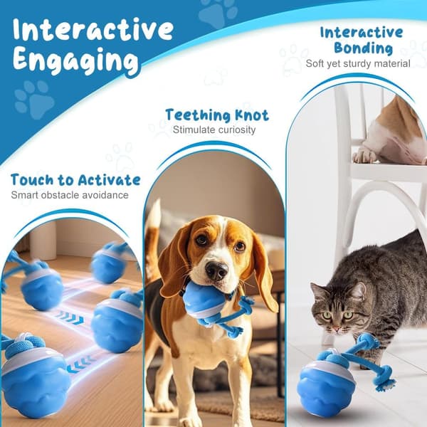 Upgraded Smart Interactive Dog Toy Ball, Squeaky Electric Automatic Rolling Moving Pet Ball, with Rope.