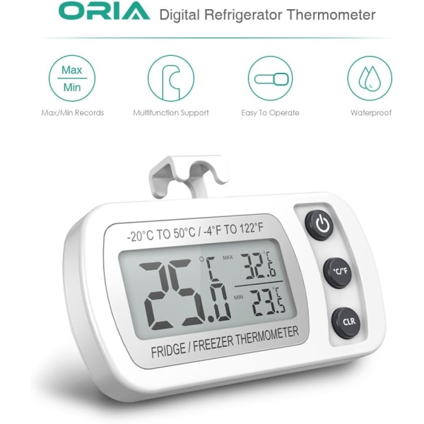 Kjøleskapstermometer LCD-skjerm Digital Vanntett Frysertermometer med Magnetisk Henger Hvit Kjøleskapstermometer (-20~50℃)