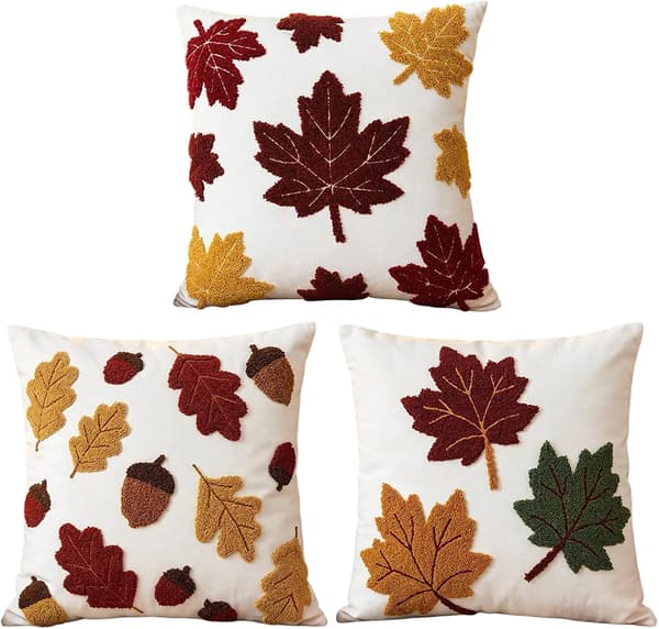 Autumn Halloween Tufted Pillow Cover Set 18x18 Inch, 3-Pack 3D Embroidered Maple Leaf Acorn Pillowcases, Rustic Fall Harvest Decor A+B+C 3PCS A+B+C 3PCS