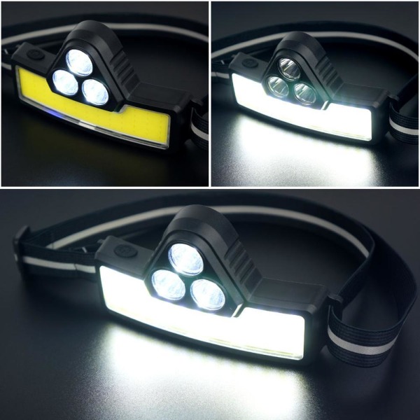 Foldbar LED-hodelykt med 3 moduser, vanntett, 3-trinns dimming, arbeidslys, hodebånd, lommelykt
