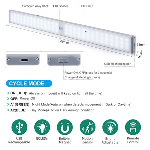 Remote Control Wardrobe Light Rechargeable Magnetic Dimmable Light Strip