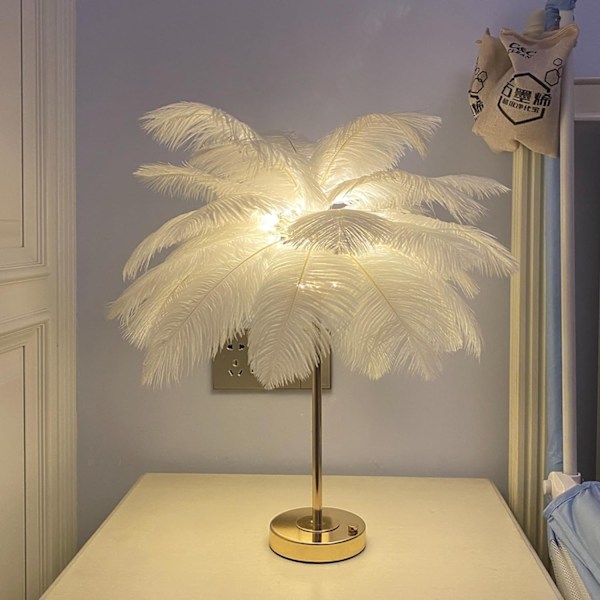 Hvit Fjær Bordlampe med Plugg Moderne Fjærlampe Nattbordlampe for Soverom Nattbordlampe Skrivebord Nattlys