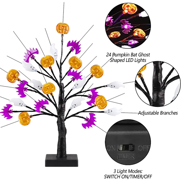 Halloween-trelys med LED-lykter i form av gresskar, flaggermus og spøkelser, med timer/USB/batteridrift - Halloween-lys for dekorasjon