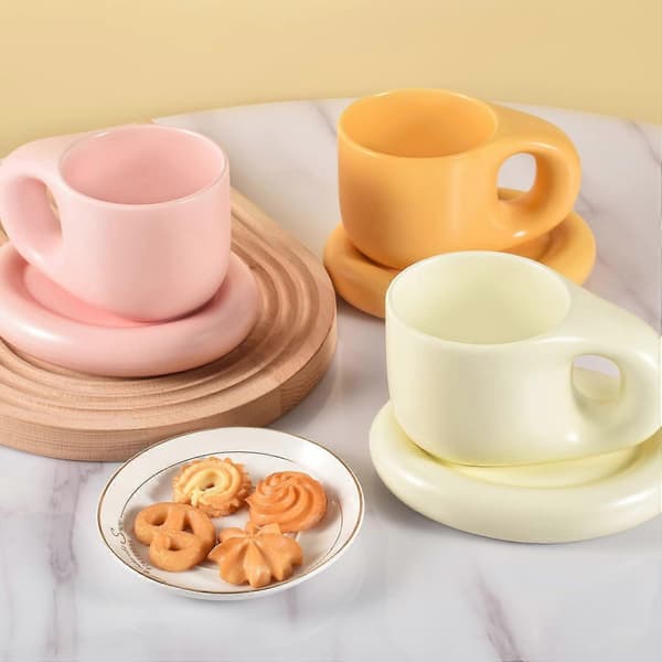 Ceramic Coffee Chubby Mug Tray Set, Creative Cute Thick Handle Cup with Saucer, Suitable for Office and Home, Dishwasher Safe, Latte Tea Milk (Pink)