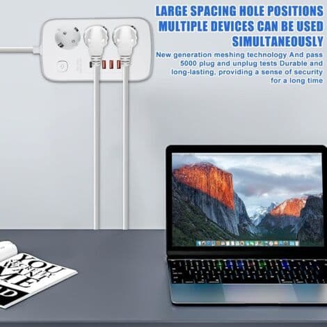 Retractable 3-Socket Power Strip with 4 USB Ports, Desk Socket with 2 USB-C Ports, Flush-Mounted Power Outlet with Switch, for Desk, 2m Cable