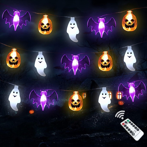 Halloween Lysstreng Batteridrevet 10 Fod 20 LED 3D Græskar Flagermus Spøgelseslys med Timer - 8 Lystilstande Halloween Dekoration