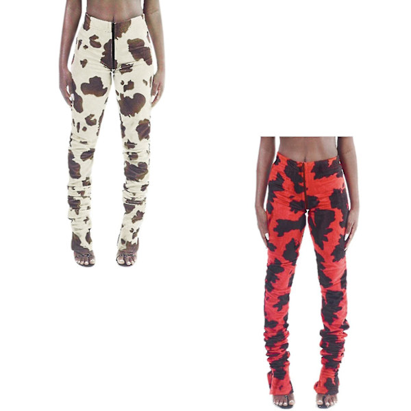 2 par Ko-tryckta Byxor med Blixtlås för Kvinnor, Staplade, Hög Midja, Trendiga Gatustil, Slanka Bodycon, Långa Höstbyxor