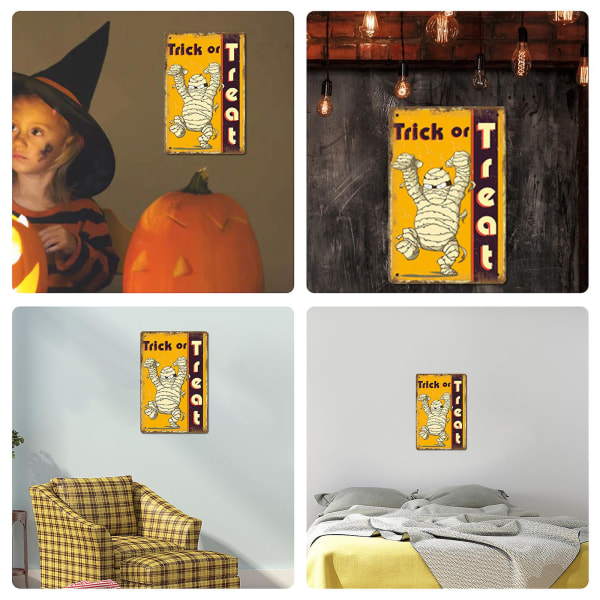 Halloween Retro plåtskyltar Vintage metallskylt järnmålning för väggdekor 12 X 8 tum Gul Yellow