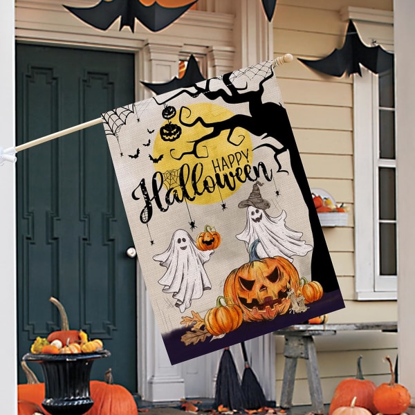 Halloween-lippu 12x18 kaksipuolinen, haamu Happy Halloween -talon lippu, säkkikangaskyltit Suuret Halloween-liput koristeet ulkona