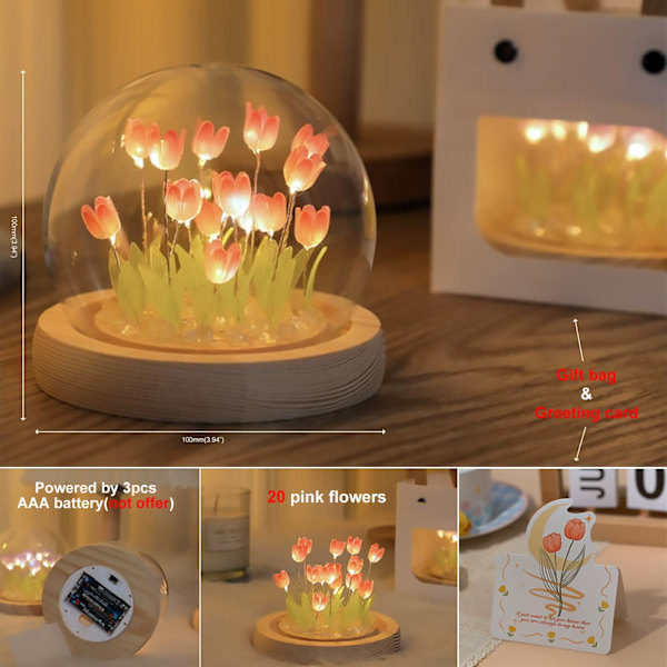 20 Blomster) Sammensatt Tulipanlampe Nattlampe med Glasskuppel, Stilig Håndlaget Kunstig Blomst Bordlampe Soveromsskrivebordets Dekorasjon