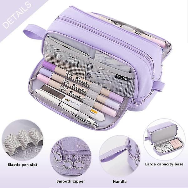 Pencil Case, Large Pencil Case, Pencil Case with 4 Compartments Purple Purple