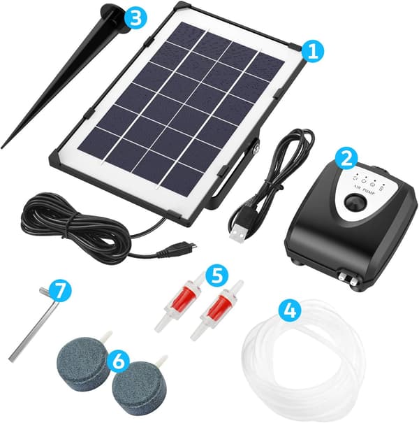 Solarluftpumpe, akvarielufter, damlufter med akvarium iltrør og luftsten (Sort)[qb]