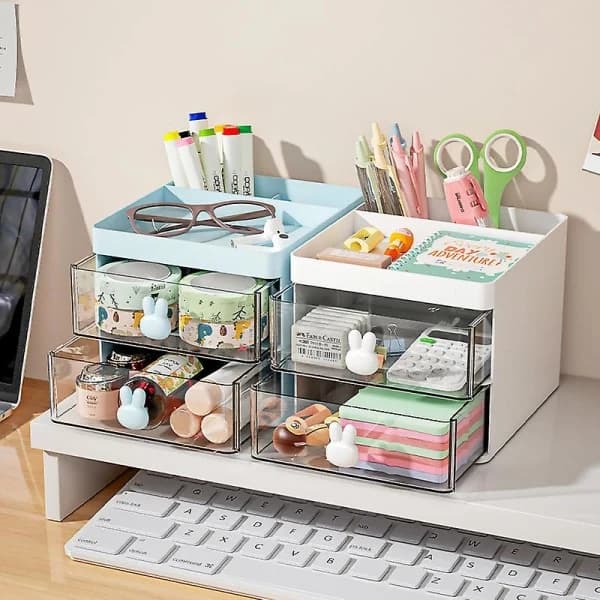 Makeupopbevaring med 2 skuffer - Opbevaring til makeup og kosmetik, stabelbar kosmetikboks, hvid
