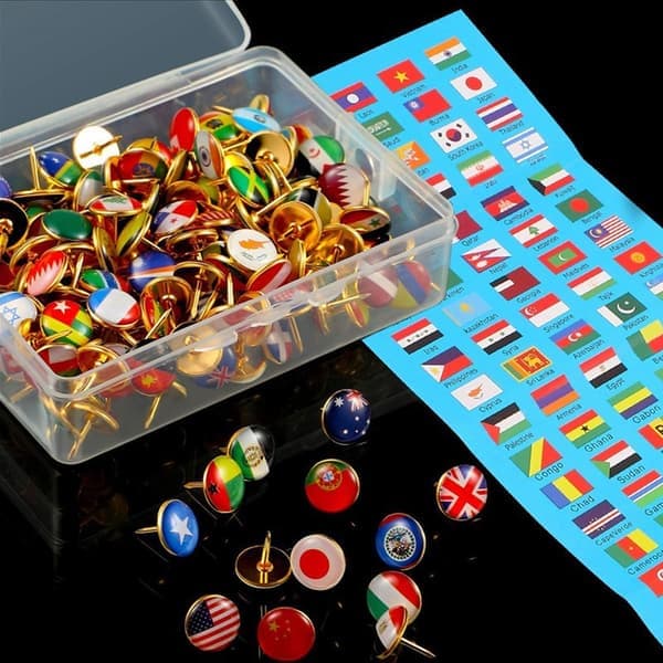 Map Tacks with National Flags, Thumb Grips, Country Map, Map Pins for Bulletin Board, Map, Office [Ho]